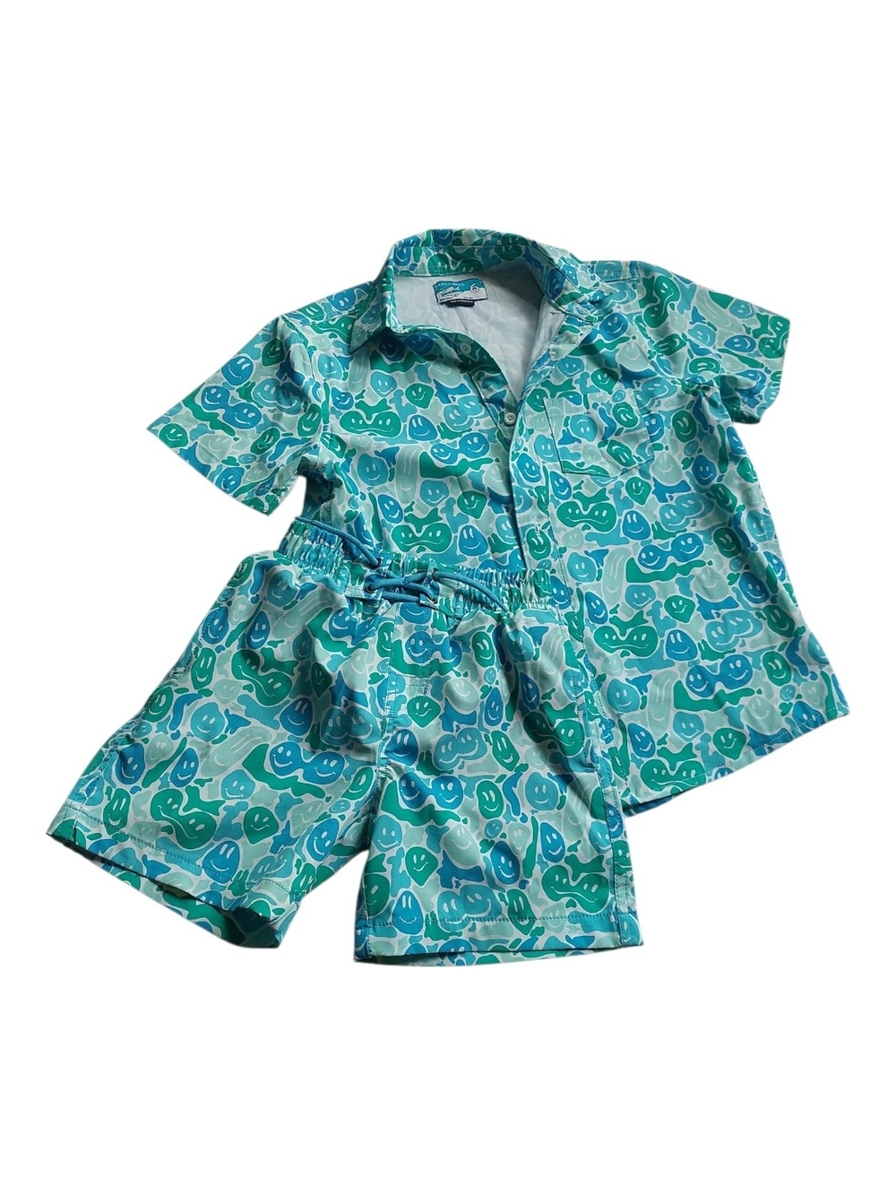 Kids Short-Sleeve Swim Pajama Set in Aqua & Teal Smiley Print
